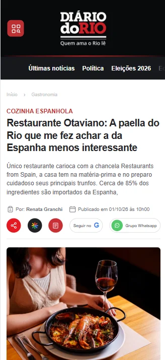 Recorte da matéria no Diário do Rio: Restaurante Otaviano: A paella do Rio que me fez achar a da Espanha menos interessante